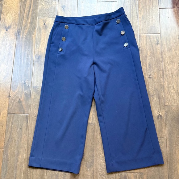Dkny Pants - DKNY Sailor Pants Womens 14 Navy Blue Excellent‎ Wide Leg Cropped Logo Button